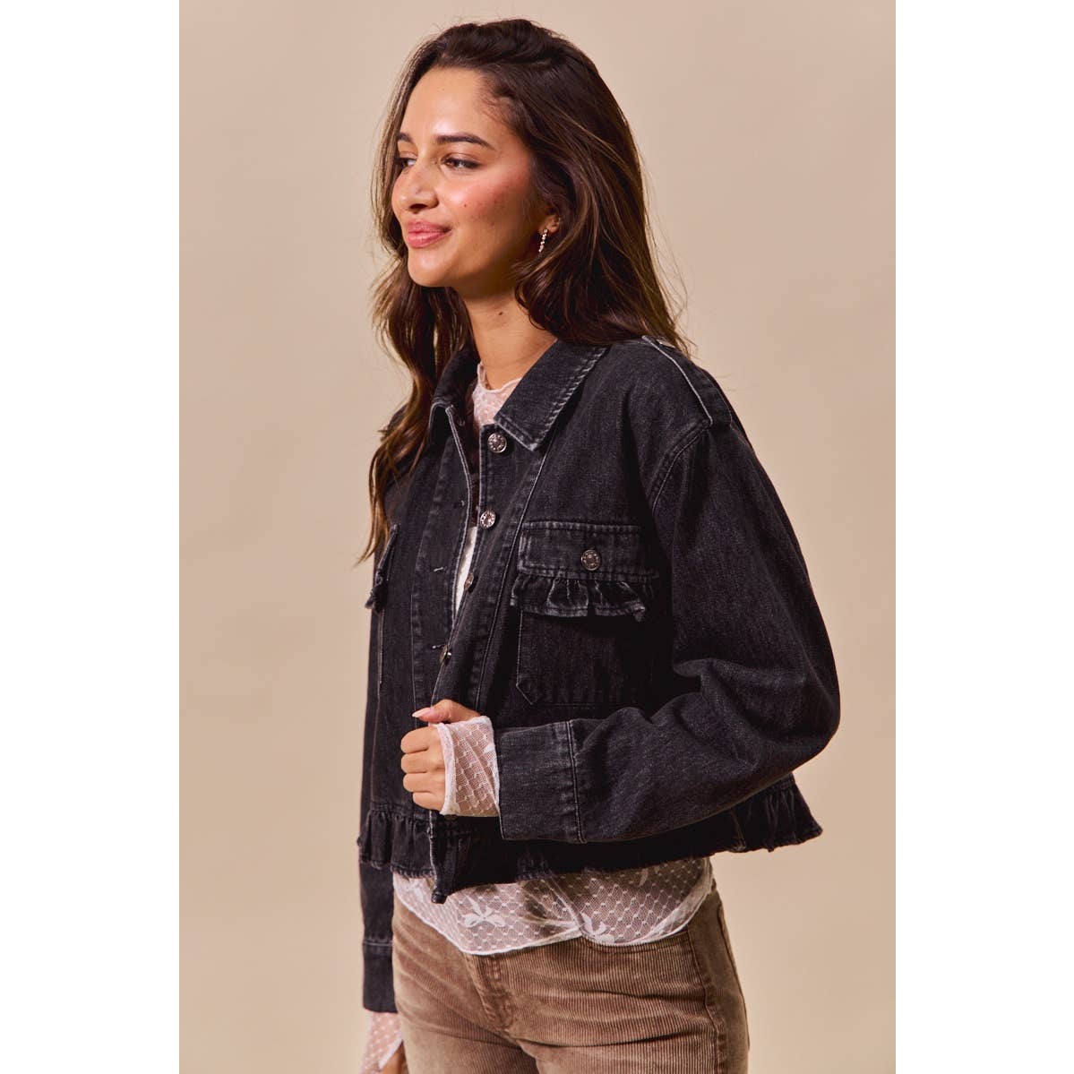 Ainsley Black Ruffled Denim Jacket