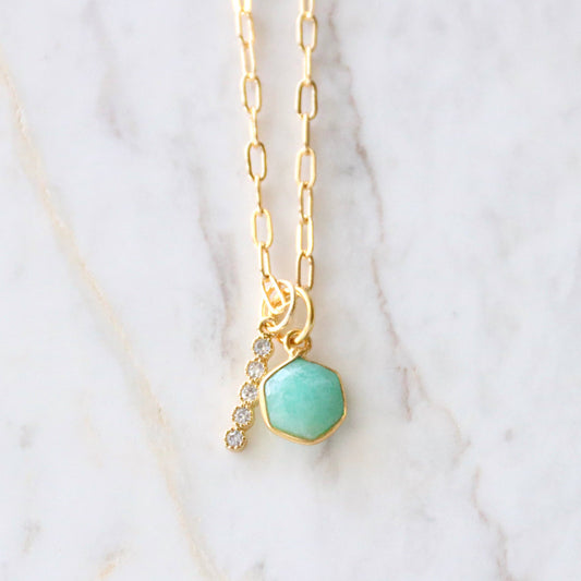 Oasis Stone Duo Drop Necklace - Amazonite, Labradorite, Moonstone