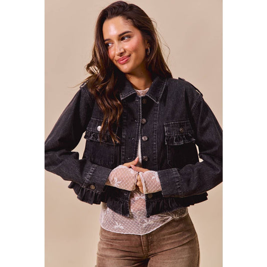 Ainsley Black Ruffled Denim Jacket