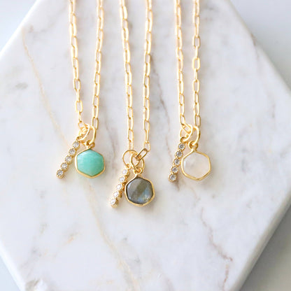 Oasis Stone Duo Drop Necklace - Amazonite, Labradorite, Moonstone