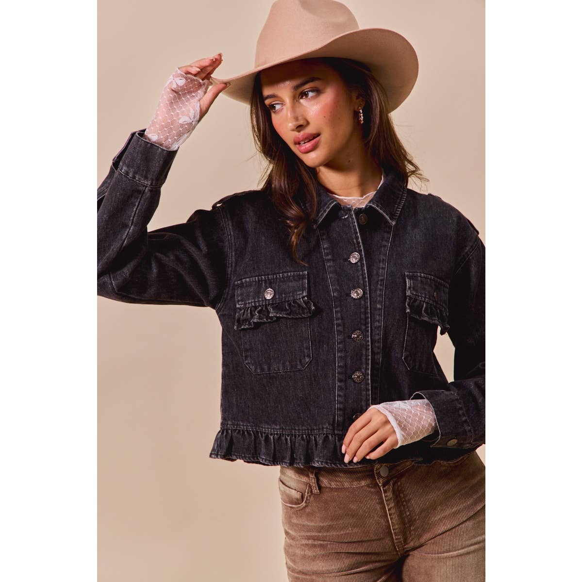 Ainsley Black Ruffled Denim Jacket