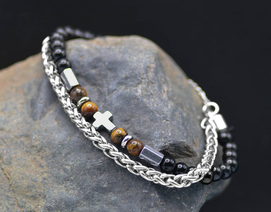 Cross 2 Strand Chain/Tiger Eye - Eden Merry Bracelet