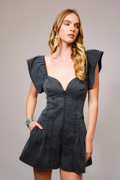 Riley Ruffle Sleeve Denim Romper