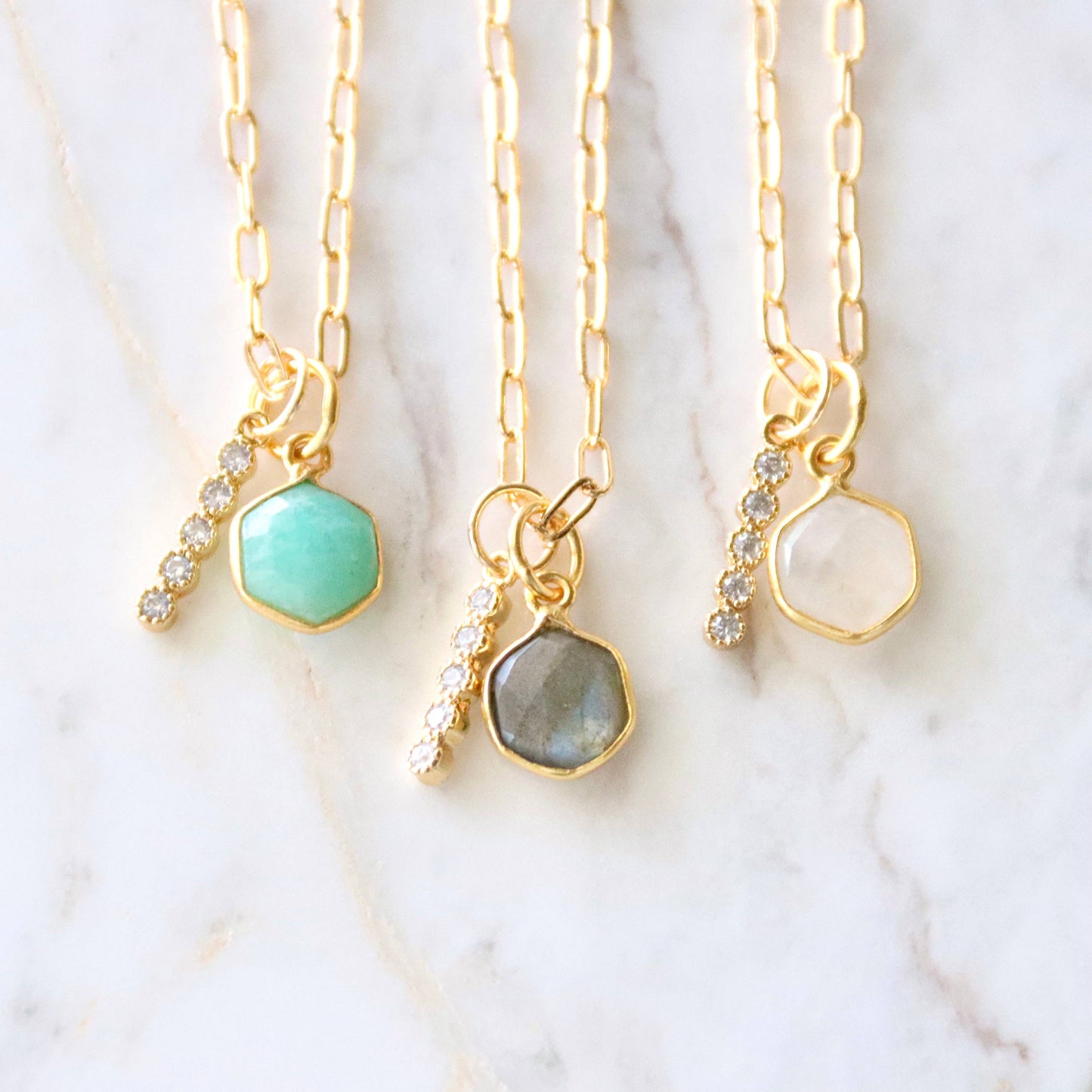 Oasis Stone Duo Drop Necklace - Amazonite, Labradorite, Moonstone