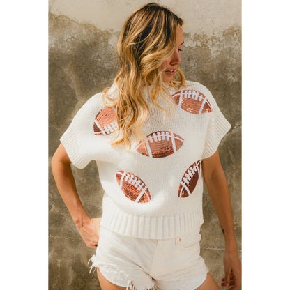 SEQUIN FOOTBALL PATCHES RIB BANDED SWEATER