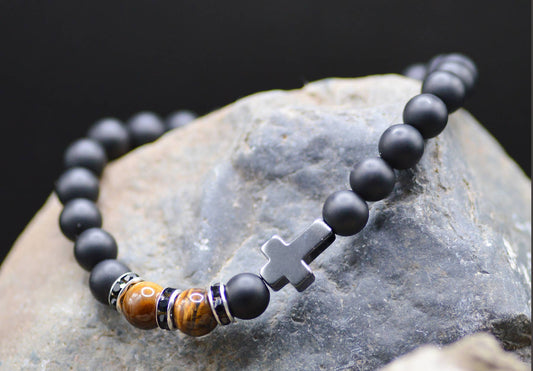 Cross Blk Bead/Tiger Eye Bracelet