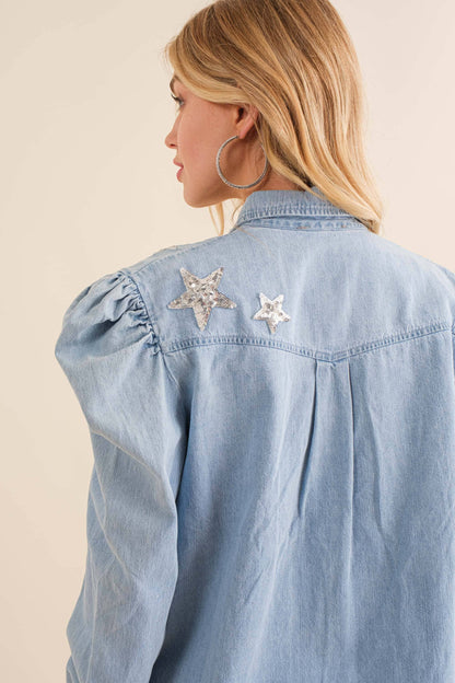 Howdy Chambray Sequin Shirt Blouse