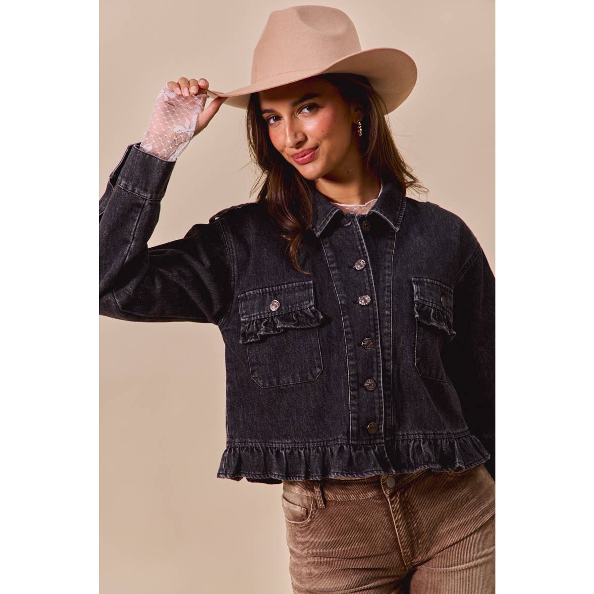 Ainsley Black Ruffled Denim Jacket