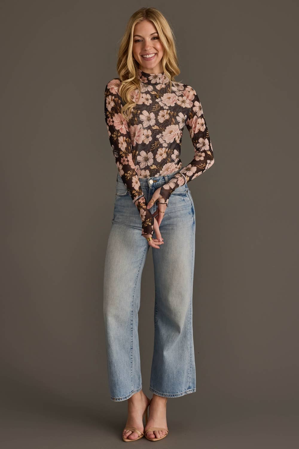 Black & Lt. Pink Floral Mesh Top