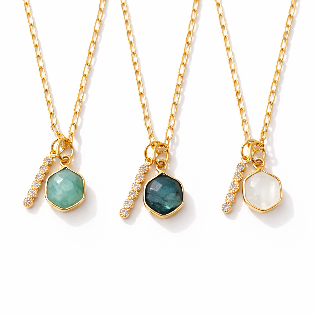 Oasis Stone Duo Drop Necklace - Amazonite, Labradorite, Moonstone
